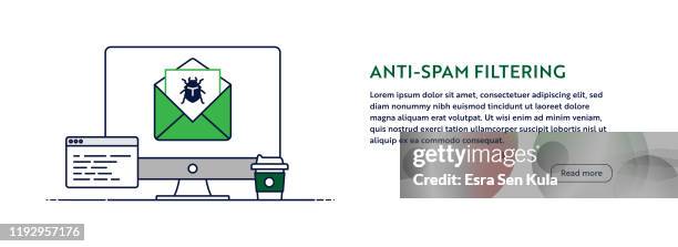 anti-spam filtering concept with line computer illustration. minimal design for web banner, poster, flyer and brochure template with editable stroke. - computer email scam stock illustrations