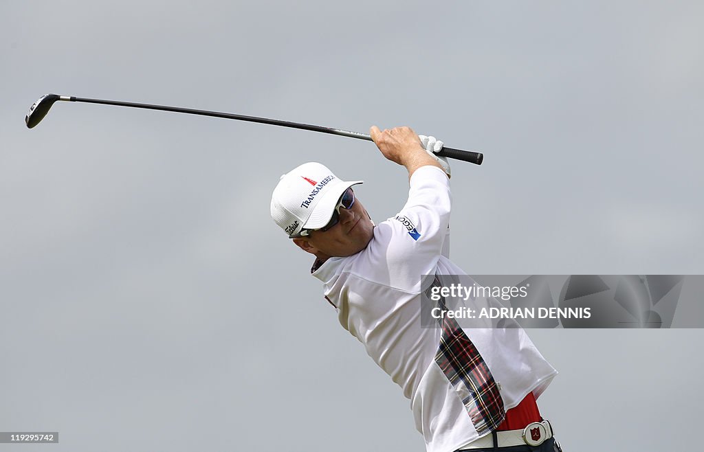 US golfer Zach Johnson tees off from the