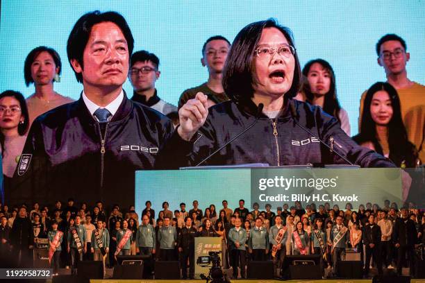 Taiwan's current president and Democratic Progressive Party presidential candidate, Tsai Ing-wen, speaks during a rally ahead of Saturday's...