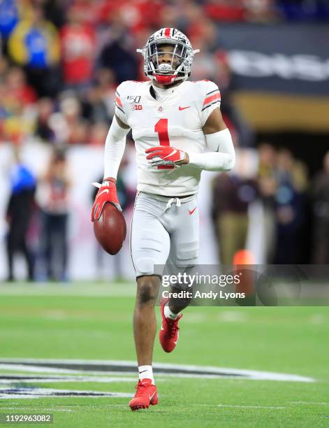 Jeff Okudah of the Ohio State Buckeyes in the BIG Ten Football Championship Game against the Wisconsin Badgers at Lucas Oil Stadium on December 07,...