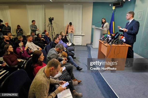 Ukraine's Foreign Minister Vadym Prystaiko speaks during a briefing about the Boeing 737 airplane crash in Iran, in Kyiv, Ukraine, on 10 January,...