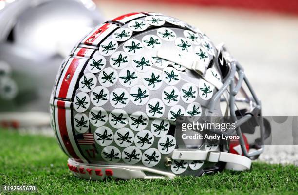 Ohio State Buckeyes football helmet before the BIG Ten Football Championship Game against the Wisconsin Badgers at Lucas Oil Stadium on December 07,...
