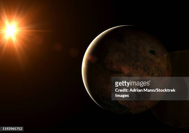 ilustrações, clipart, desenhos animados e ícones de super earth exoplanet orbiting a red dwarf star. - extrasolar planet