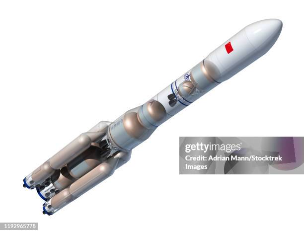 stockillustraties, clipart, cartoons en iconen met future chinese rocket, long march 9, angled view with fuel tanks. - mann