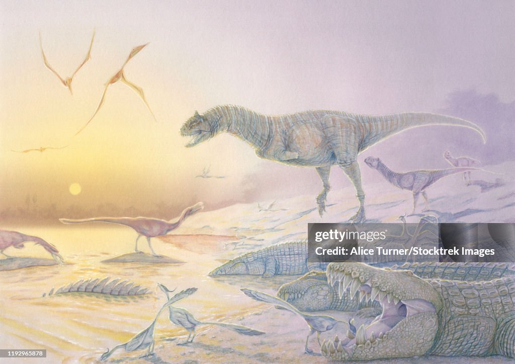 A Late Cretaceous dinosaur scene in watercolor and acrylic paint.