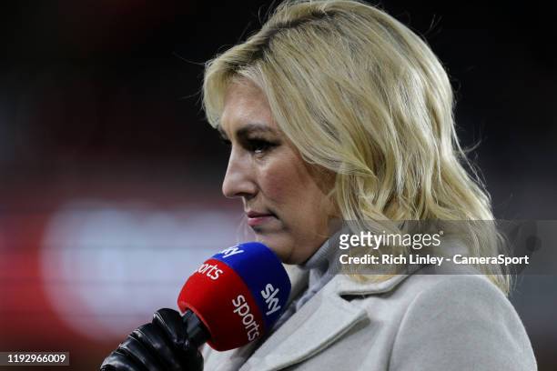 Sky Sports presenter Kelly Cates during the Premier League match between Sheffield United and West Ham United at Bramall Lane on January 10, 2020 in...