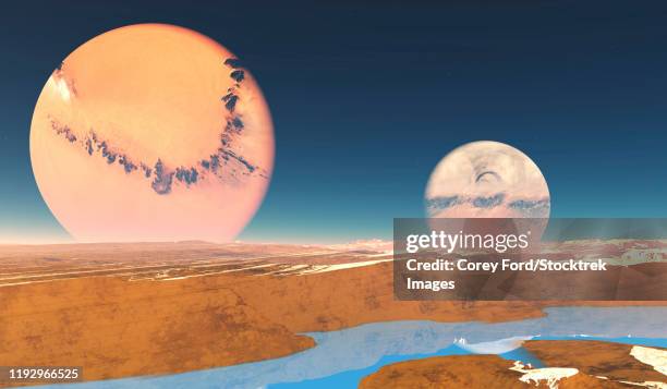 beautiful blue methane rivers flow on this alien planet with two moons. - methane stock illustrations