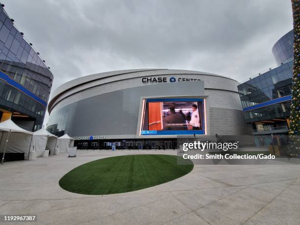 Facade with sign at Chase Center, the new home of the Golden State Warriors NBA basketball team in the Mission Bay neighborhood of San Francisco,...