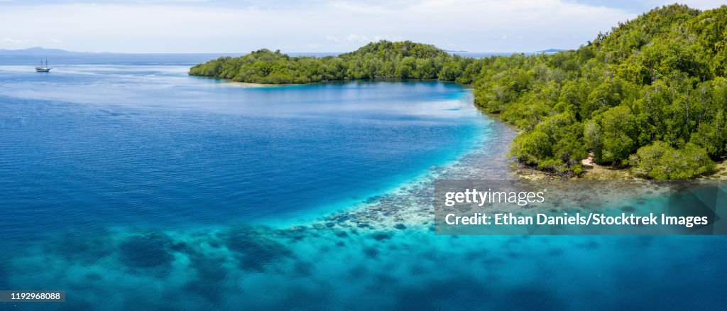 Aerial view of beautiful corals fringing a limestone island in Raja Ampat, Indonesia.