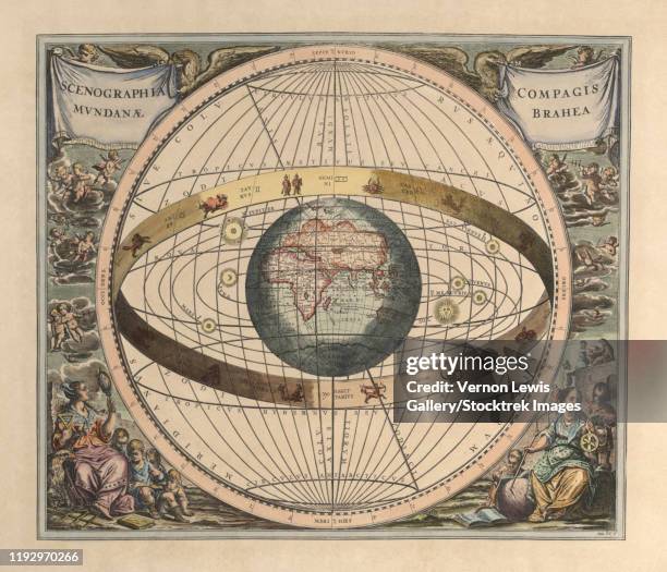 vintage astronomy print depicts a view of geocentrism. - ptolemaic system stock illustrations
