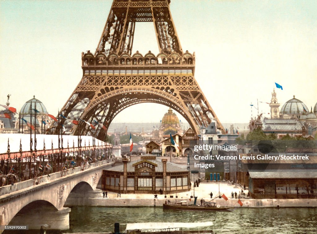 Vintage photochrom image of the Eiffel Tower during the Exposition Universelle, 1900.