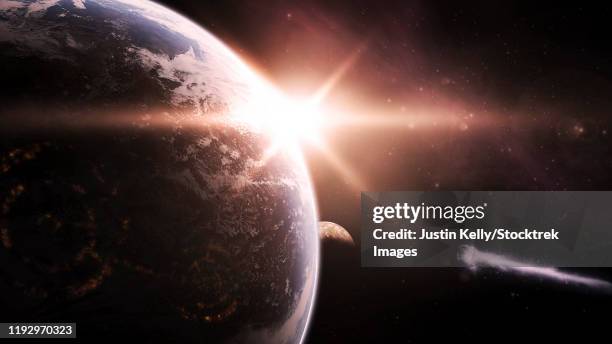 a comet is heading toward earth and impact is imminent. - post apocalyptic earth stock illustrations