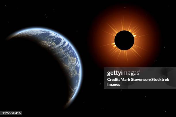 illustrazioni stock, clip art, cartoni animati e icone di tendenza di total eclipse of the sun as seen from space. - eclipse solar