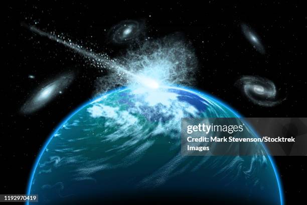 a rogue comet colliding into a distant alien planet. - planet collision stock-grafiken, -clipart, -cartoons und -symbole
