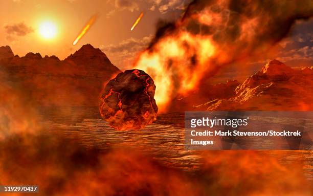 ilustraciones, imágenes clip art, dibujos animados e iconos de stock de the creation of a planet, as gravity pulls in asteroids and meteorites. - volcanic landscape