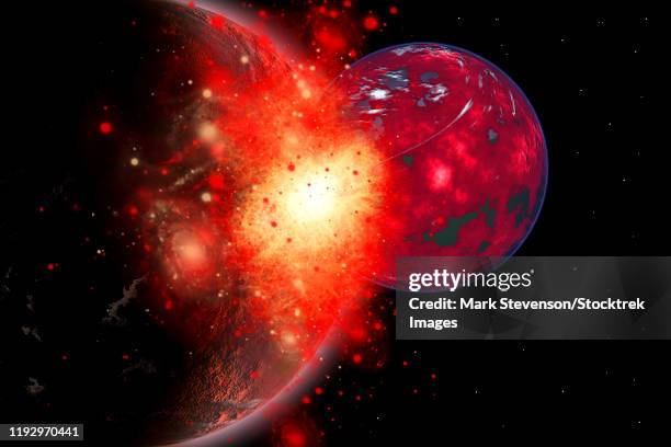 two planets crashing into each other. - planet collision stock-grafiken, -clipart, -cartoons und -symbole