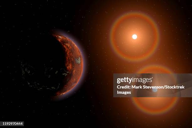 ilustraciones, imágenes clip art, dibujos animados e iconos de stock de proxima centauri exoplanet orbiting the red dwarf star alpha centauri c. - ciencias planetarias