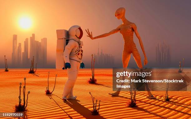 a human astronaut meeting a reptoid alien being for the first time. - unexpected stock illustrations
