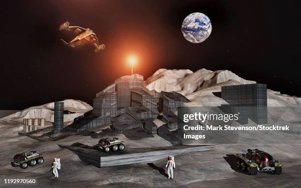 human astronauts mining for metals and minerals on the moon. - moon surface stock illustrations