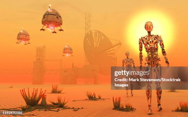 robots being used to mine and terraform a hostile planet. - space probe stock illustrations