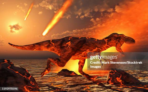 ilustraciones, imágenes clip art, dibujos animados e iconos de stock de artist's concept of the paleogene extinction event. - volcanic landscape