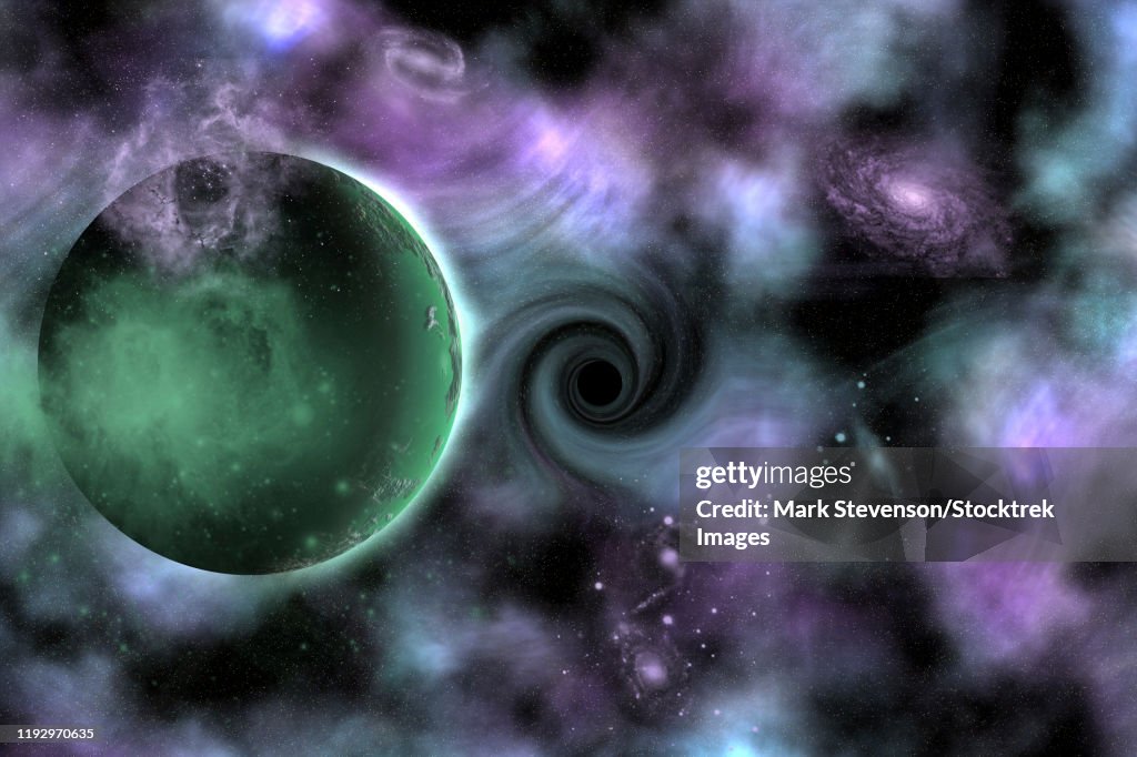 A rogue planet being pulled into a black hole.