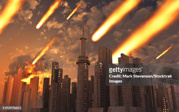 a large asteroid and its debris falling on a futuristic city. - urban sprawl stock illustrations