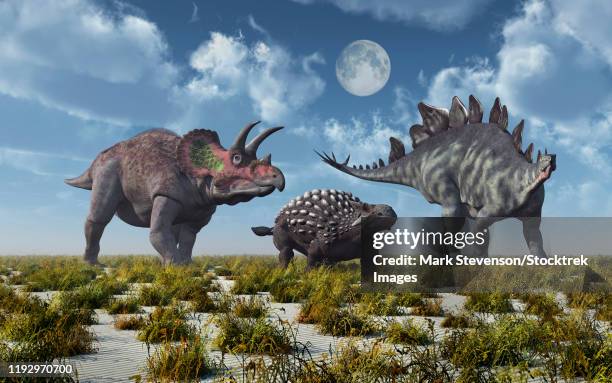 ilustraciones, imágenes clip art, dibujos animados e iconos de stock de a triceratops, ankylosaurus and stegosaurus dinosaur. - scute