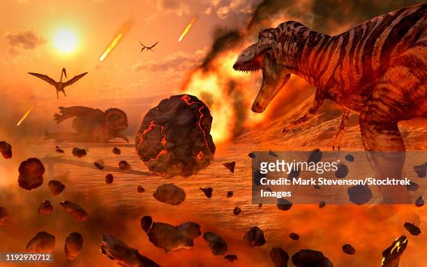 artist's concept of the cretaceous-paleogene extinction event. - judgment day apocalypse stock illustrations