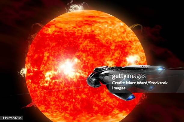 an ion drive powered exploration spaceship approaches a violent, new red star. - coronal mass ejection stock illustrations