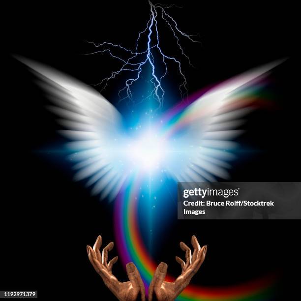 ilustraciones, imágenes clip art, dibujos animados e iconos de stock de bright star with white angel wings and rainbow. - santos inocentes