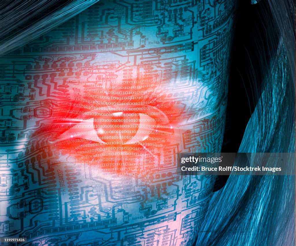 Cyborg woman face. Binary code in red eye, circuit pattern.