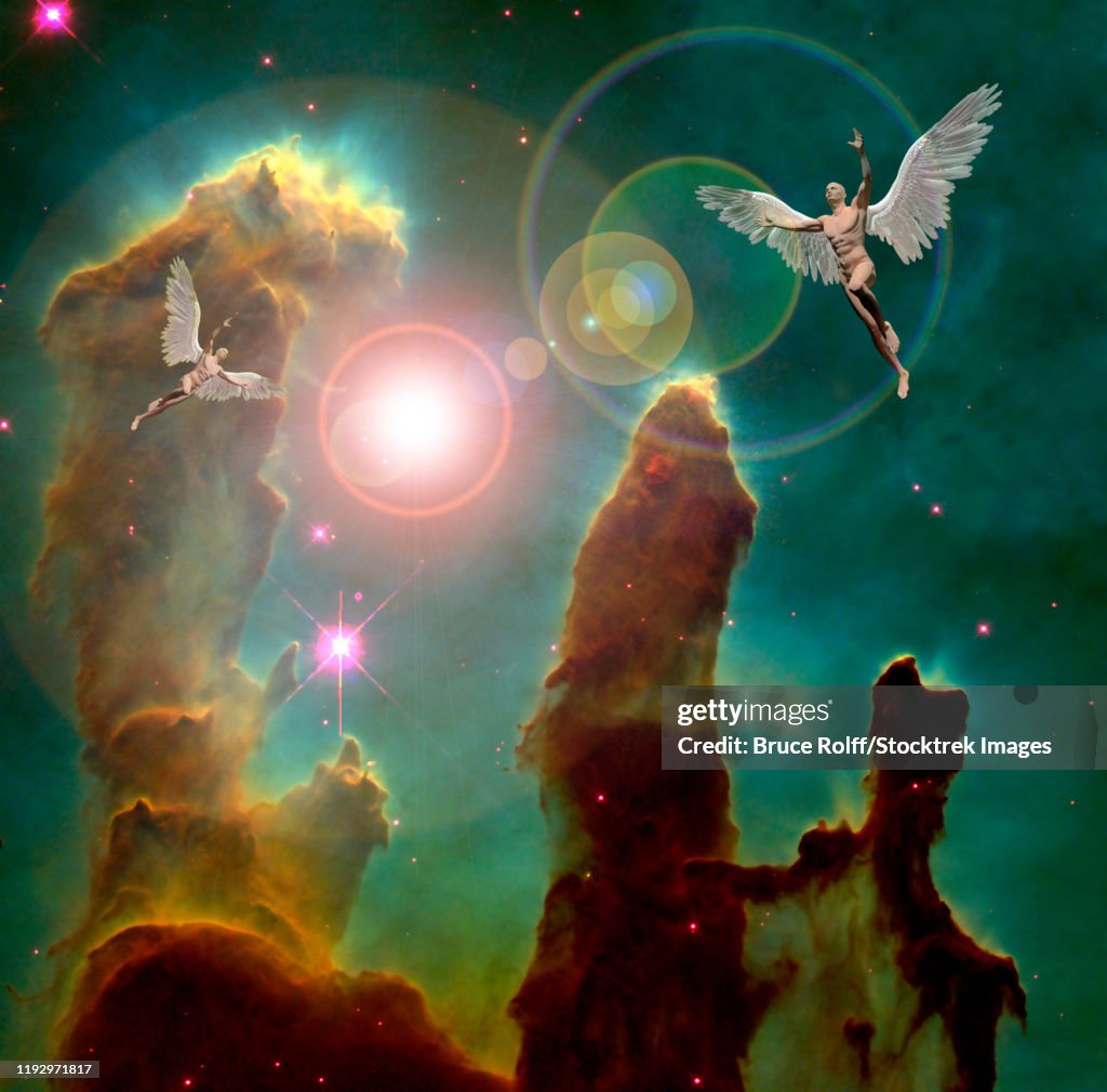 Bright stars and beautiful nebula. Men with wings represents angels in space.