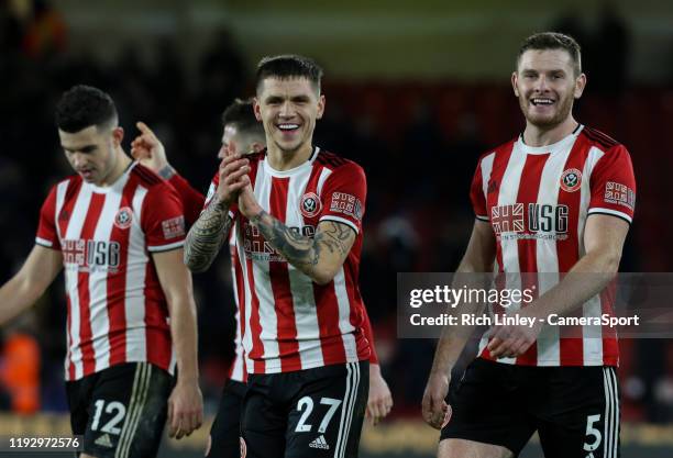 Sheffield United players celebrate after the Premier League match between Sheffield United and West Ham United at Bramall Lane on January 10, 2020 in...