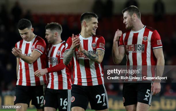 Sheffield United players celebrate after the Premier League match between Sheffield United and West Ham United at Bramall Lane on January 10, 2020 in...