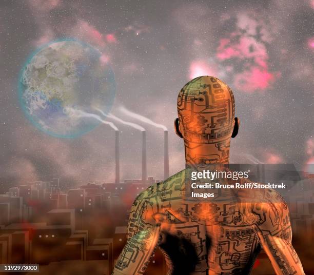 android before smog filled city with tearraformed moon in sky. - erdrücken stock-grafiken, -clipart, -cartoons und -symbole