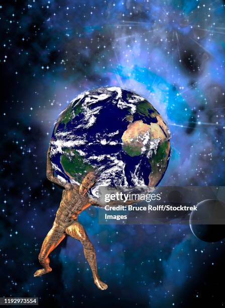 ilustrações, clipart, desenhos animados e ícones de atlas holds up planet earth in this science fiction composition. - atlas figura mitológica