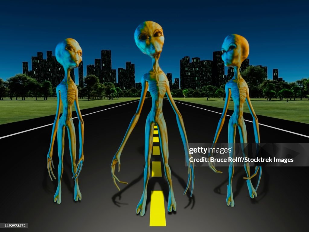 Aliens on road to city. 3D rendering