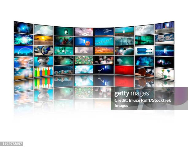 wall of media screens with various pictures. - arts culture and entertainment stock illustrations