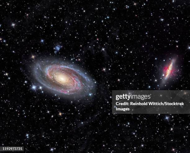 galaxies messier 81 and messier 82 in the constellation ursa major. - messier 82 fotografías e imágenes de stock