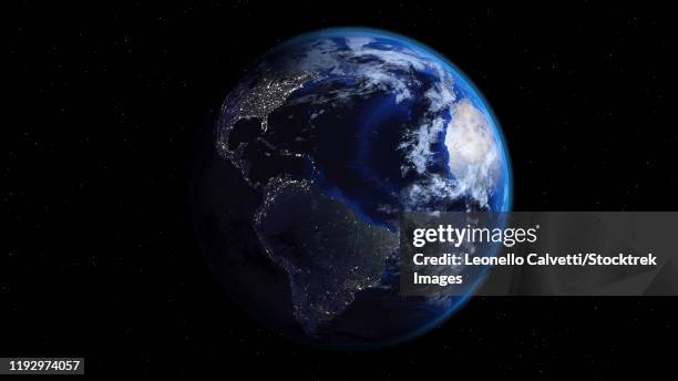 ilustraciones, imágenes clip art, dibujos animados e iconos de stock de planet earth showing americas, half night and half day with city lights. - planeta terra