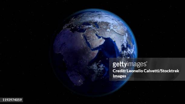 planet earth showing africa, europe and asia, half night and half day with city lights - equator stock-grafiken, -clipart, -cartoons und -symbole