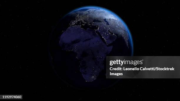 ilustraciones, imágenes clip art, dibujos animados e iconos de stock de planet earth showing africa and europe in night time with city lights. - planeta terra