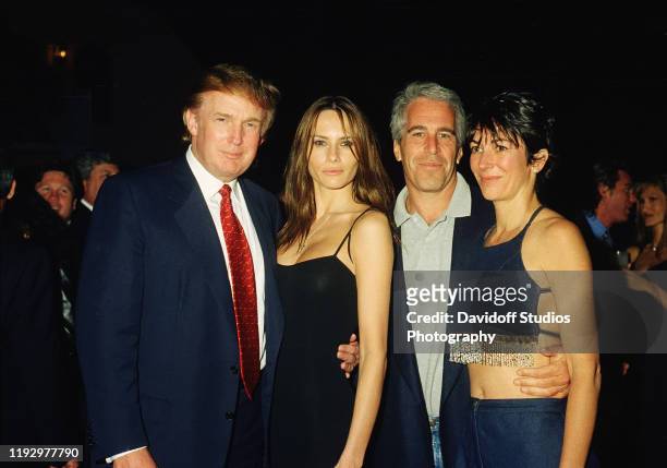 From left, American real estate developer Donald Trump and his girlfriend , former model Melania Knauss, financier Jeffrey Epstein, and British...