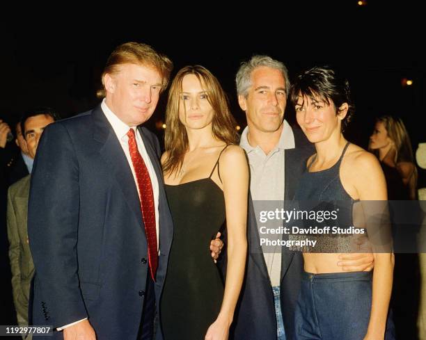 From left, American real estate developer Donald Trump and his girlfriend , former model Melania Knauss, financier Jeffrey Epstein, and British...