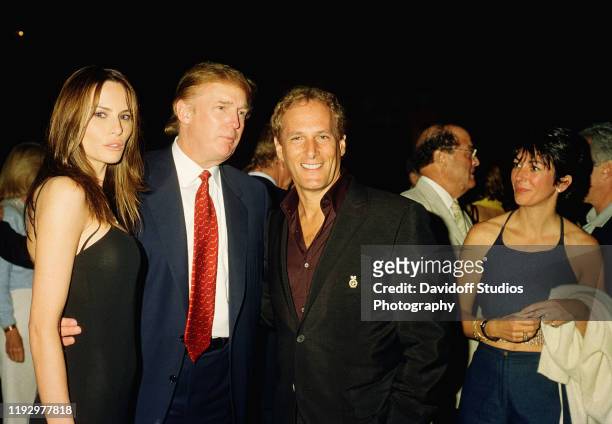 From left, American real estate developer Donald Trump and his girlfriend , former model Melania Knauss, musician Michael Bolton, and British...