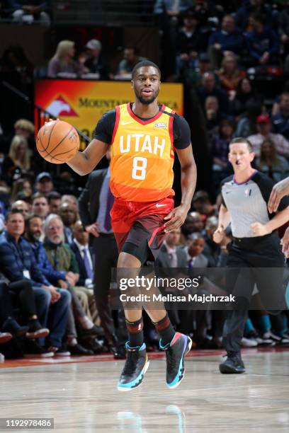 Emmanuel Mudiay of the Utah Jazz handles the ball against the Charlotte Hornets on January 10, 2020 at Vivint Smart Home Arena in Salt Lake City,...