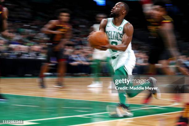 Kemba Walker of the Boston Celtics drives towards the basket during the game against the Cleveland Cavaliersat TD Garden on December 09, 2019 in...
