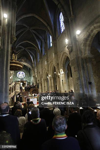 People attend the funeral ceremony of Otto von Habsburg's heart in Abbey of Pannonhalma, 120 kms from Budapest on July 17, 2011. Otto Habsburg, the...