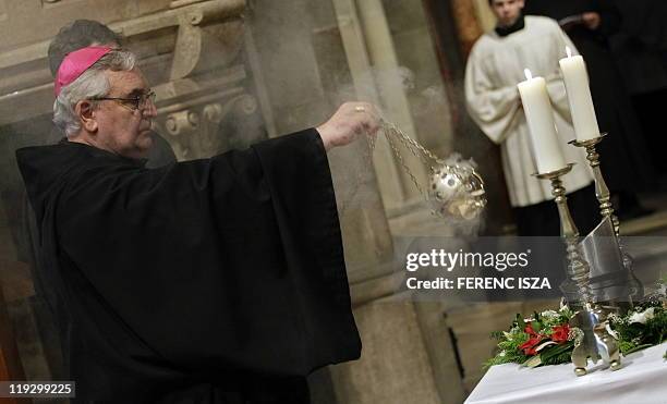 Abbot of Pannonhalma Asztrik Varszegi attends the funeral ceremony of Otto von Habsburg's heart in Abbey of Pannonhalma, 120 kms from Budapest on...
